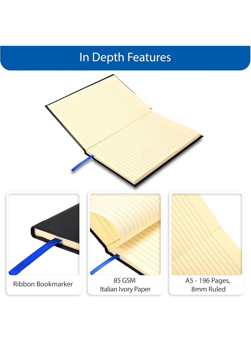 FIS Hard Cover Notebook A5 (148x210mm), Bonded Leather, 98 Sheets/196 Pages, Single Line, 85gsm Italian Ivory Paper, Glued Binding, Blue Cover - FSNBA5IVBLBL - Image 3